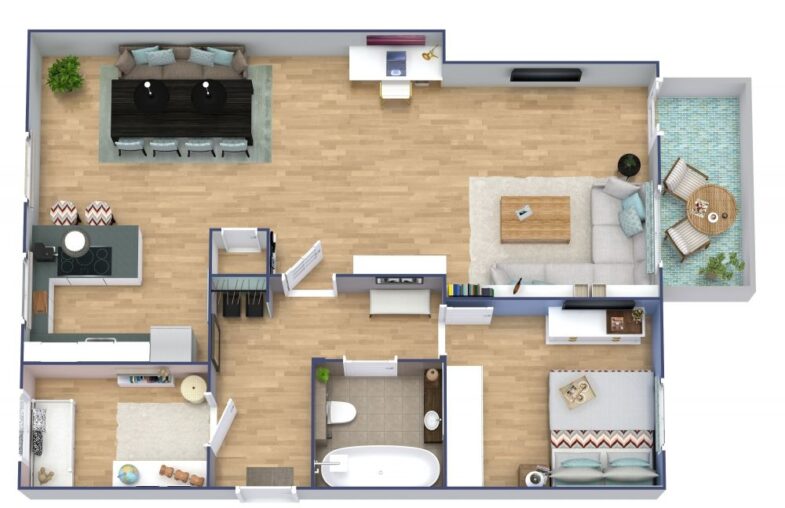 2 Bedroom Apartment Plan 3d 785x508